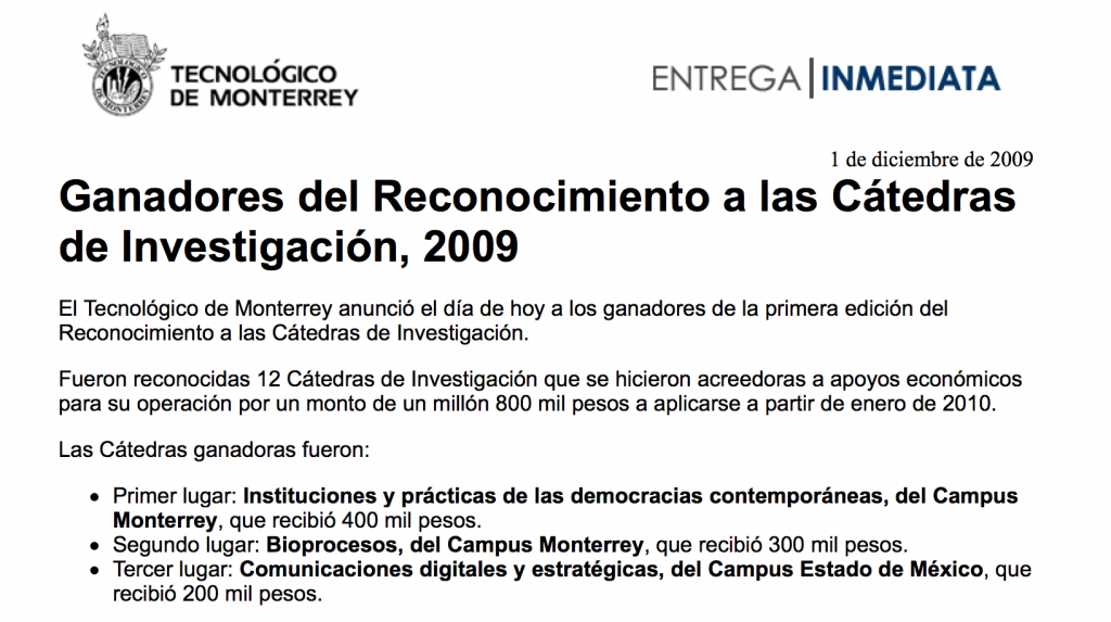 Anuncio ganadores del reconocimiento a las cátedras de investigación del Tecnológico de Monterrey.